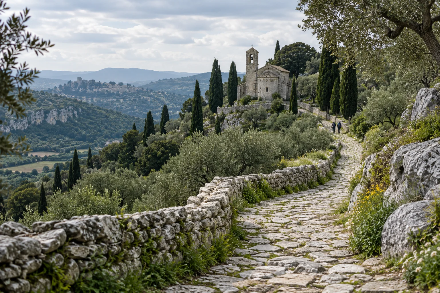 Illustration of a stone pilgrimage path through green hills toward a chapel, with two distant walkers