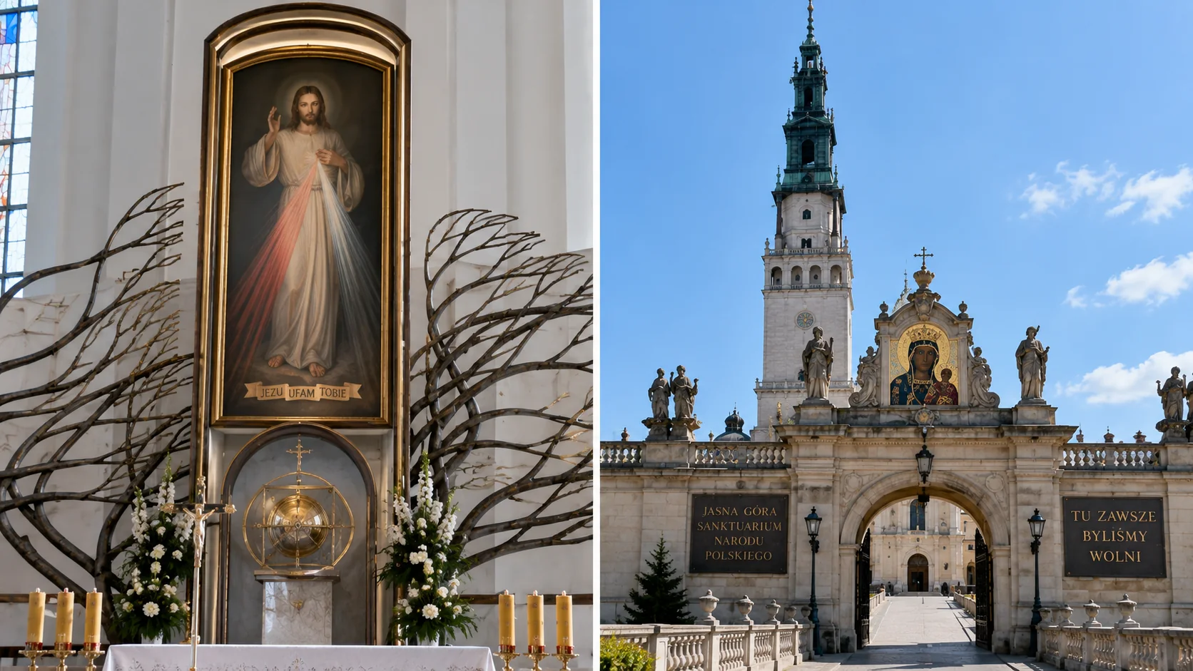 Illustration in two panels: the Divine Mercy image of Jesus above a tabernacle, and the gate and bell tower of a Polish Marian shrine