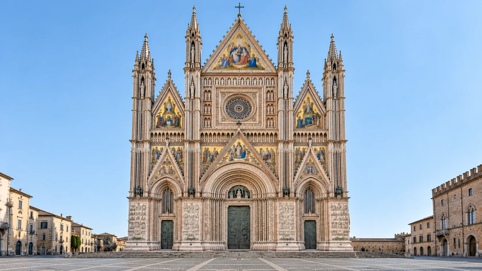 Illustration of the gabled, mosaic-covered facade of Orvieto Cathedral across an empty piazza under a clear sky