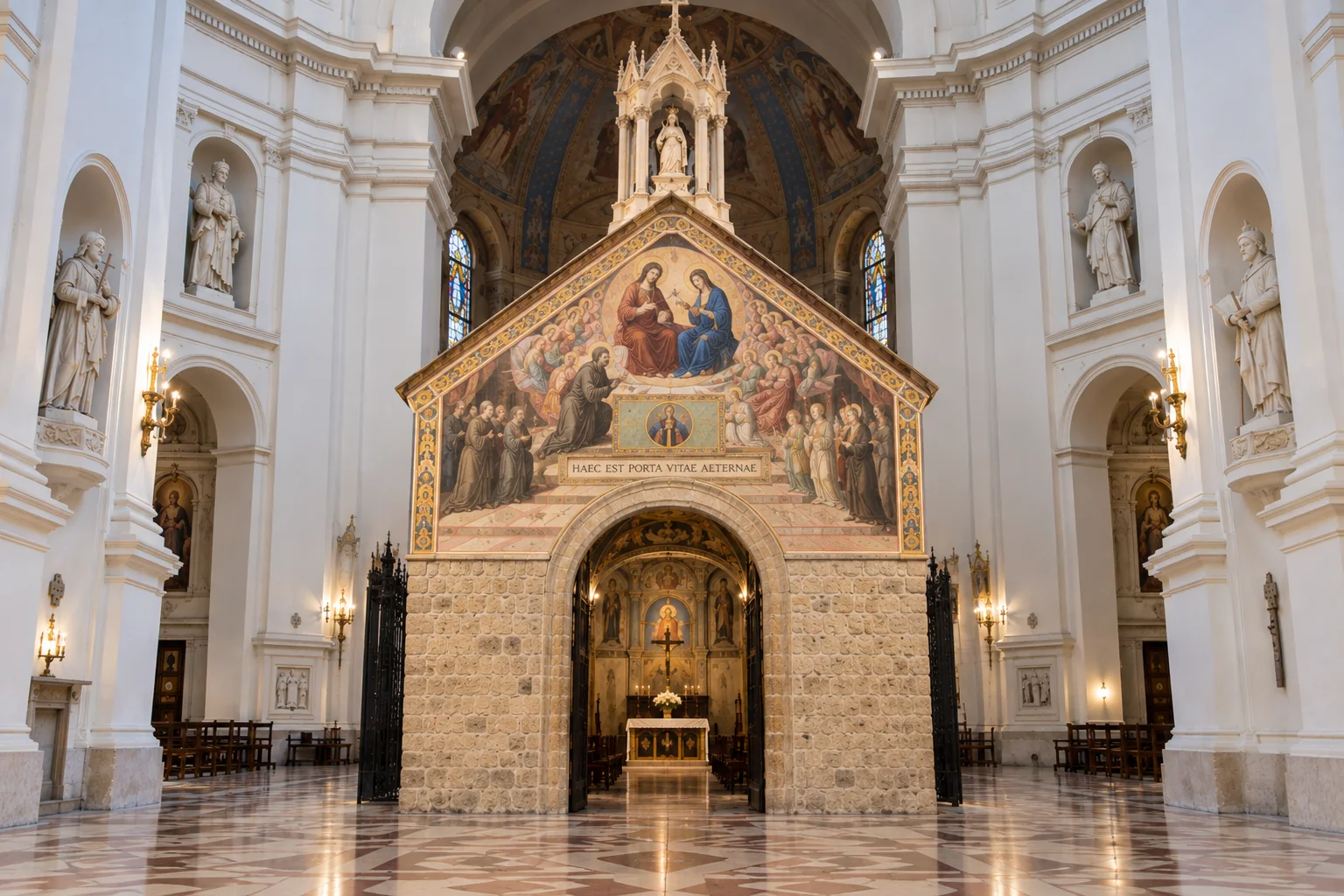 Illustration of the small frescoed chapel of the Porziuncola standing inside the white nave of the Basilica of Santa Maria degli Angeli