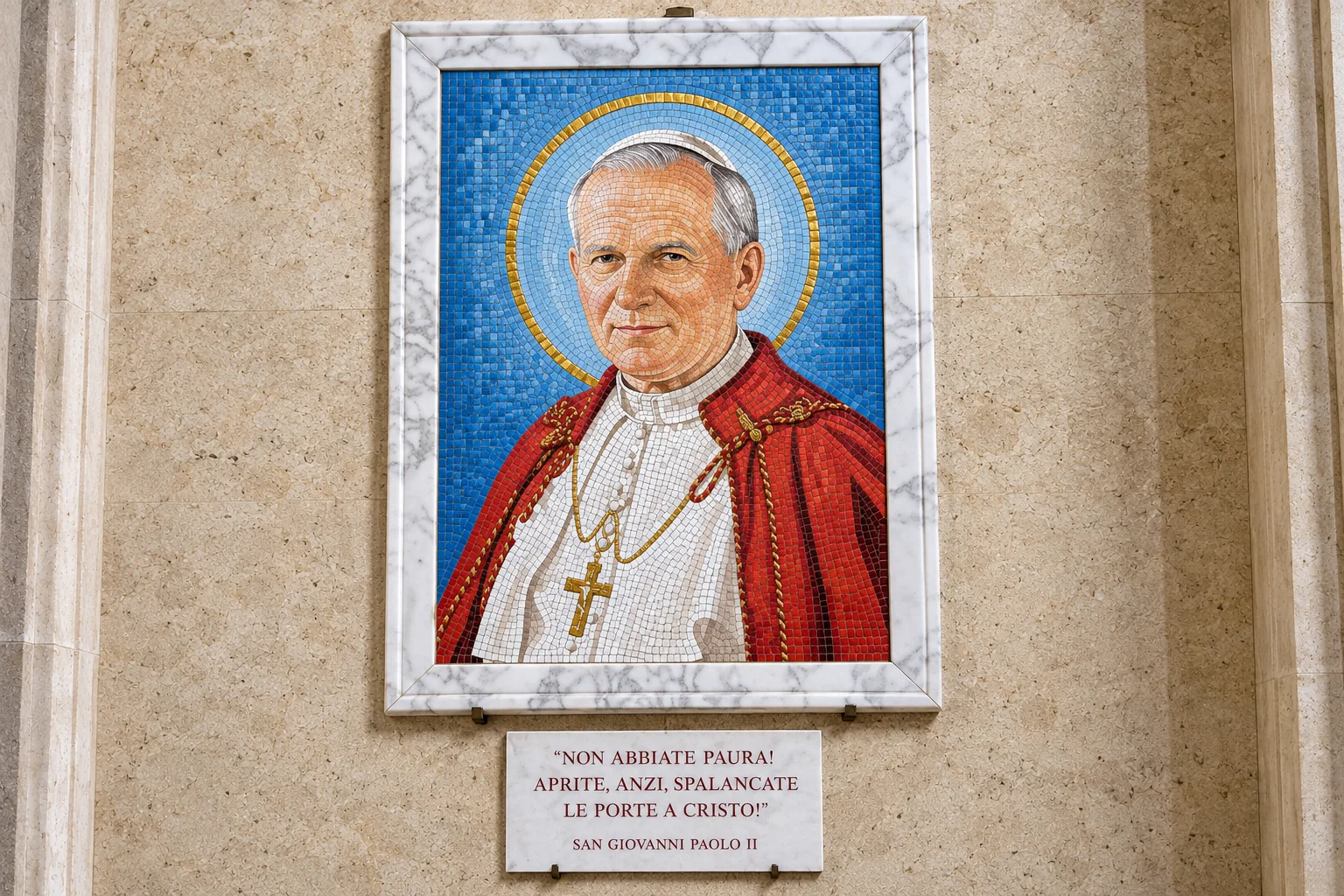 Illustration of a framed mosaic portrait of St. John Paul II in a red cape, above a marble plaque with his words in Italian