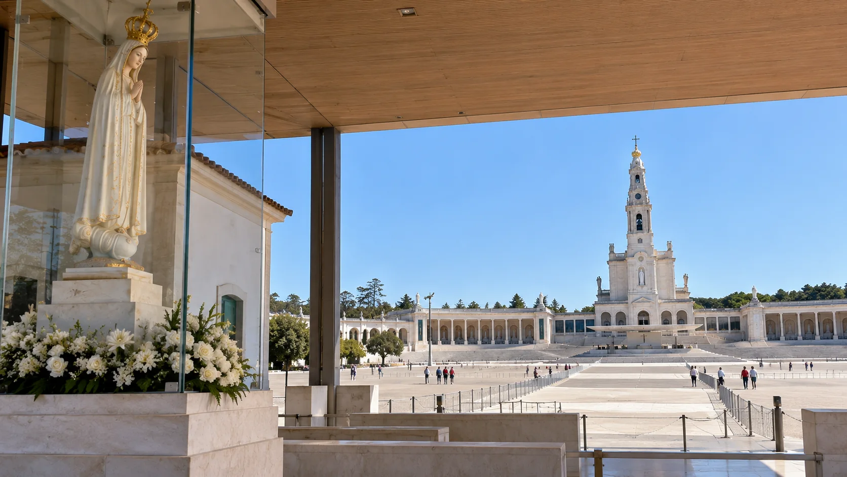 Illustration of a crowned white statue of Our Lady of Fátima behind glass, with the basilica tower and colonnade of the Sanctuary of Fátima across the open square